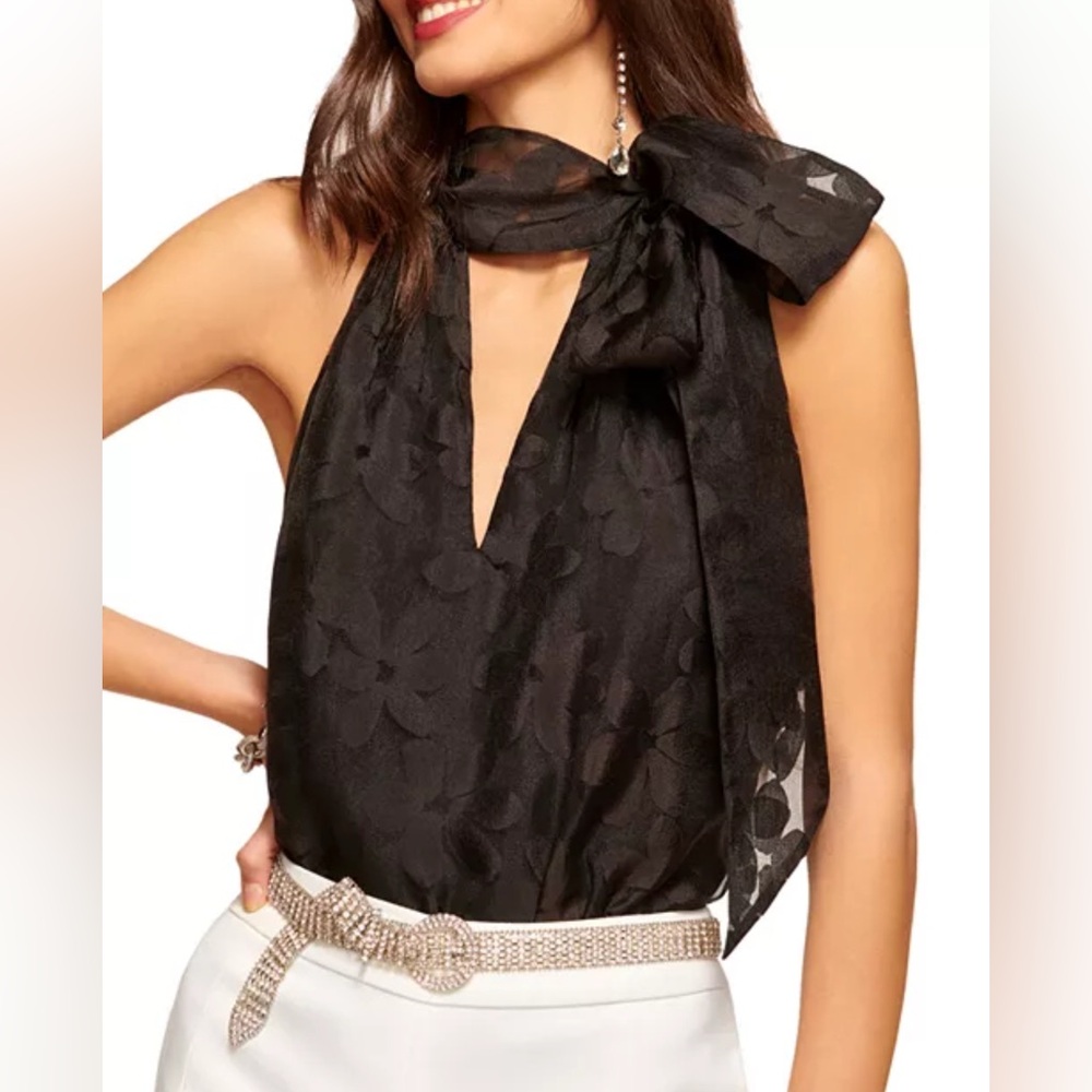 Ramy Brook Claudia Floral Tie Neck Top in Black Size 0 New